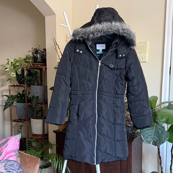 Calvin Klein Kids Black Puffer Coat with Fur Hood - Picture 2 of 16